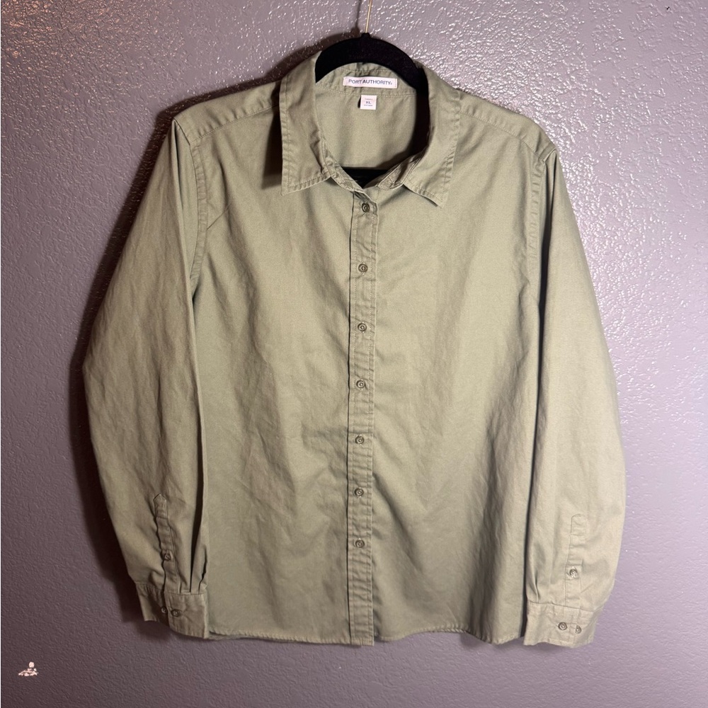 Port Authority Womens Olive Green Button Down Blouse Long Sleeve Cotton Size XL